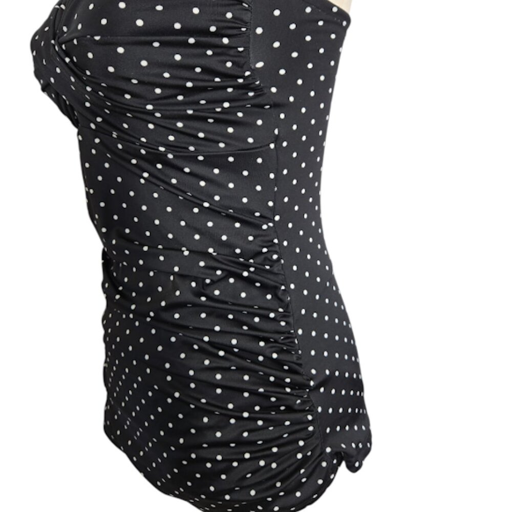 ASOS Slim Black & White Polka Dot Ruched One-Piece Swimsuit Halter Straps US 6 - Picture 4 of 8